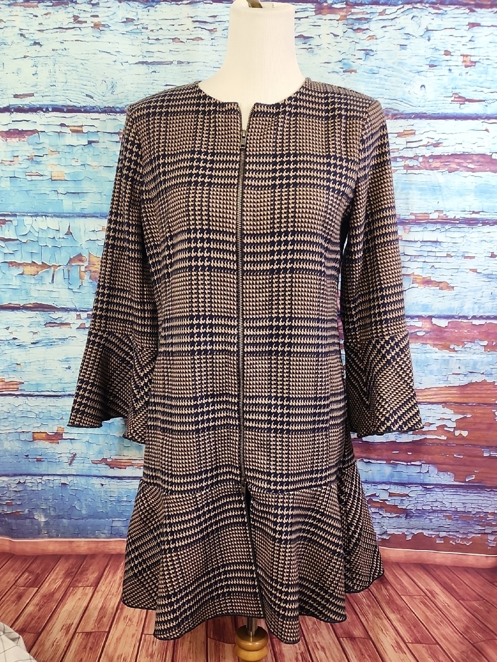 CAbi Navy and Tan Checked Dress